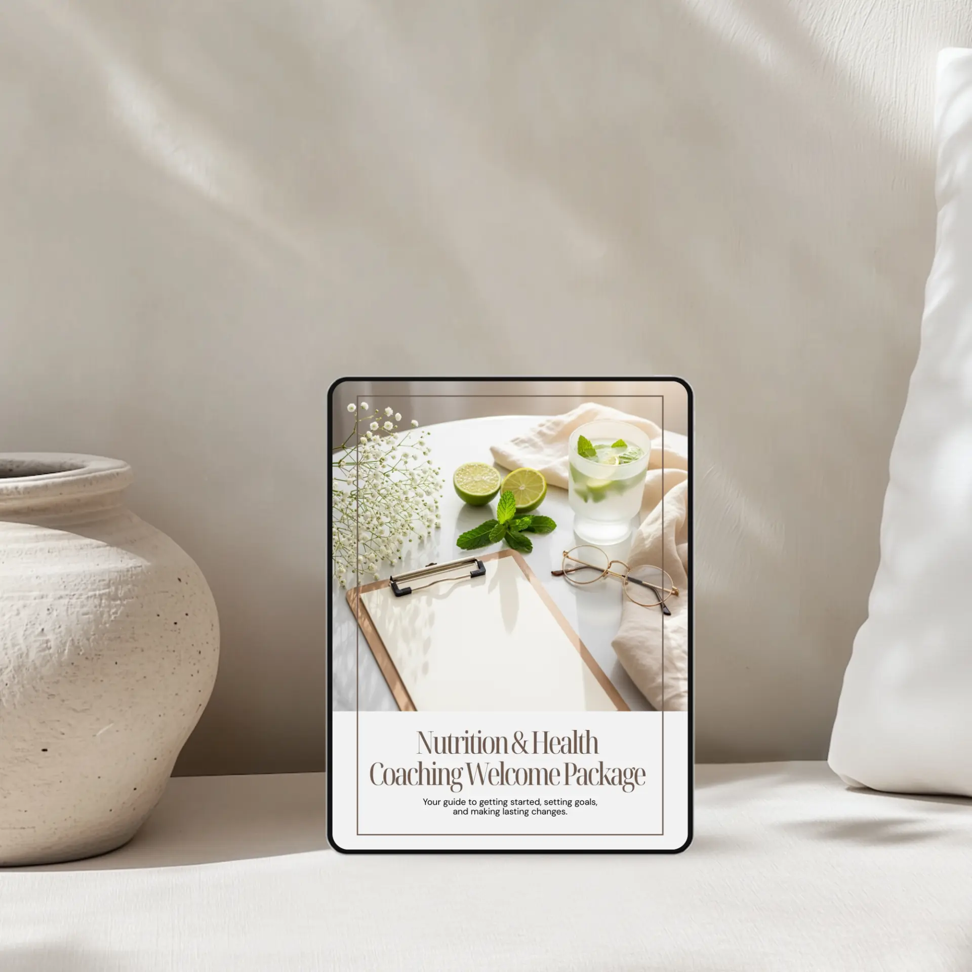 Coaching welcome package template on a tablet