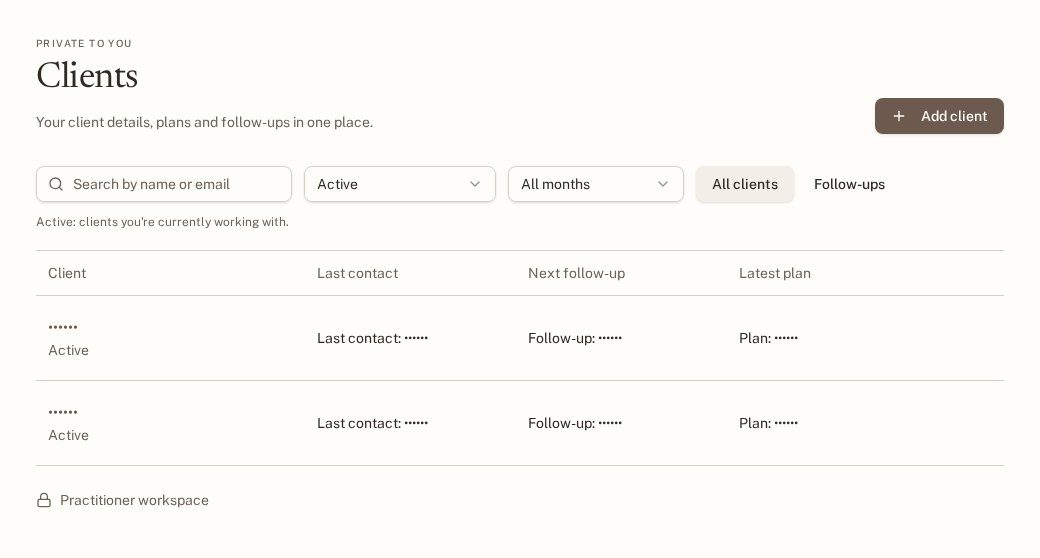 Clients area showing contact, follow-up and meal-plan columns with client details hidden