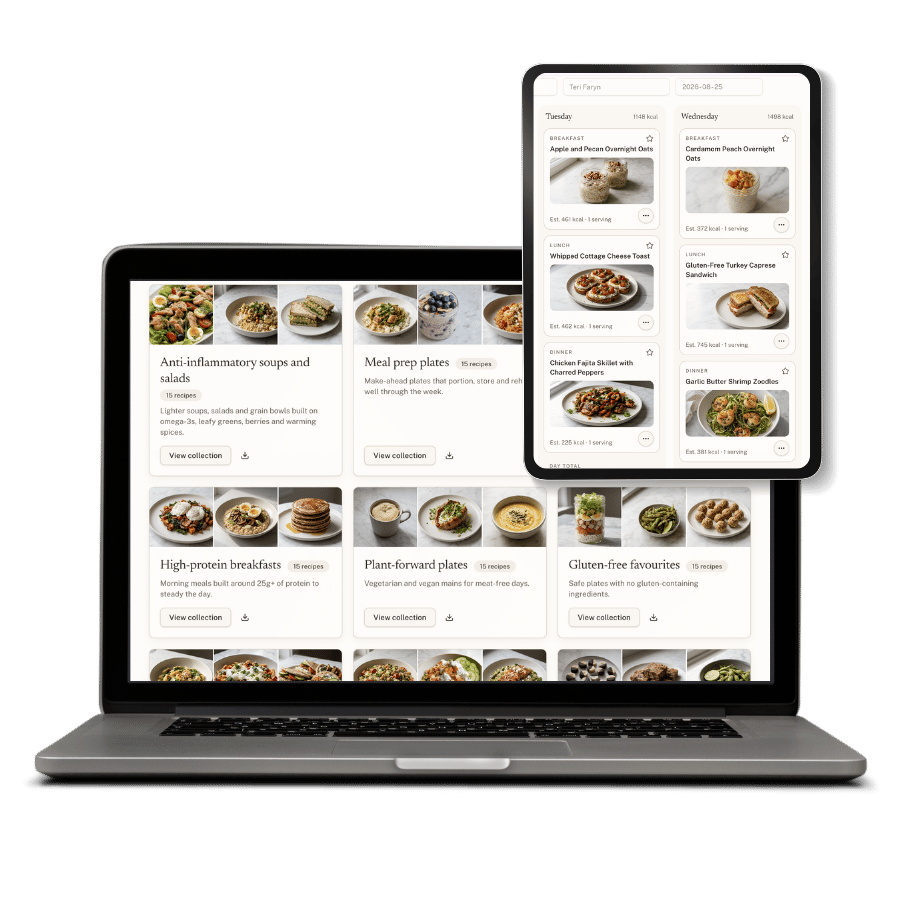 Recipe collections on a laptop with a meal plan displayed on a tablet