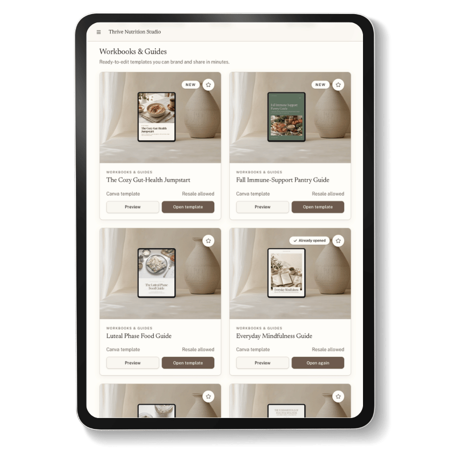 Workbook and guide templates displayed on a tablet