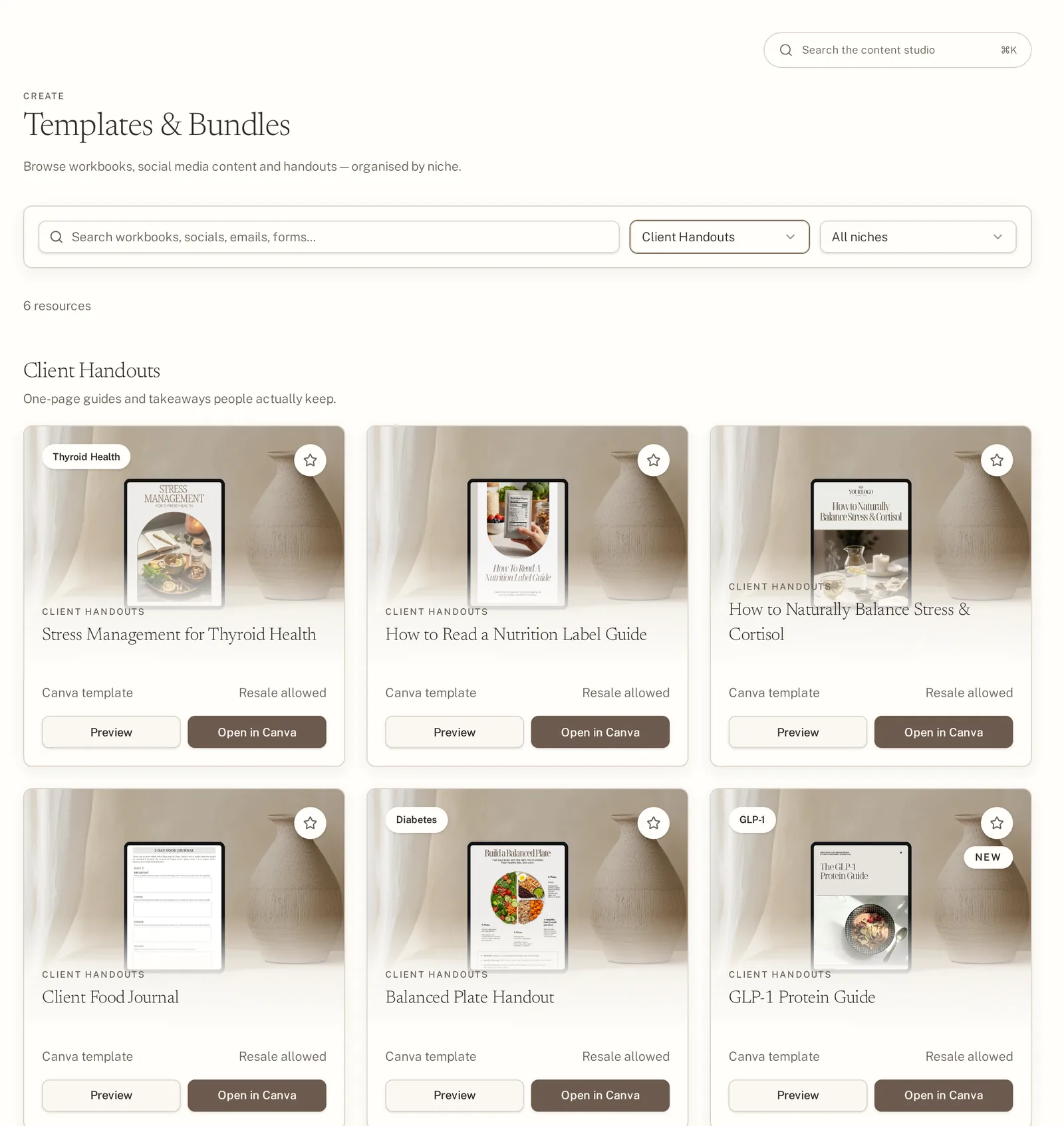 Client handout templates organized by category inside the studio