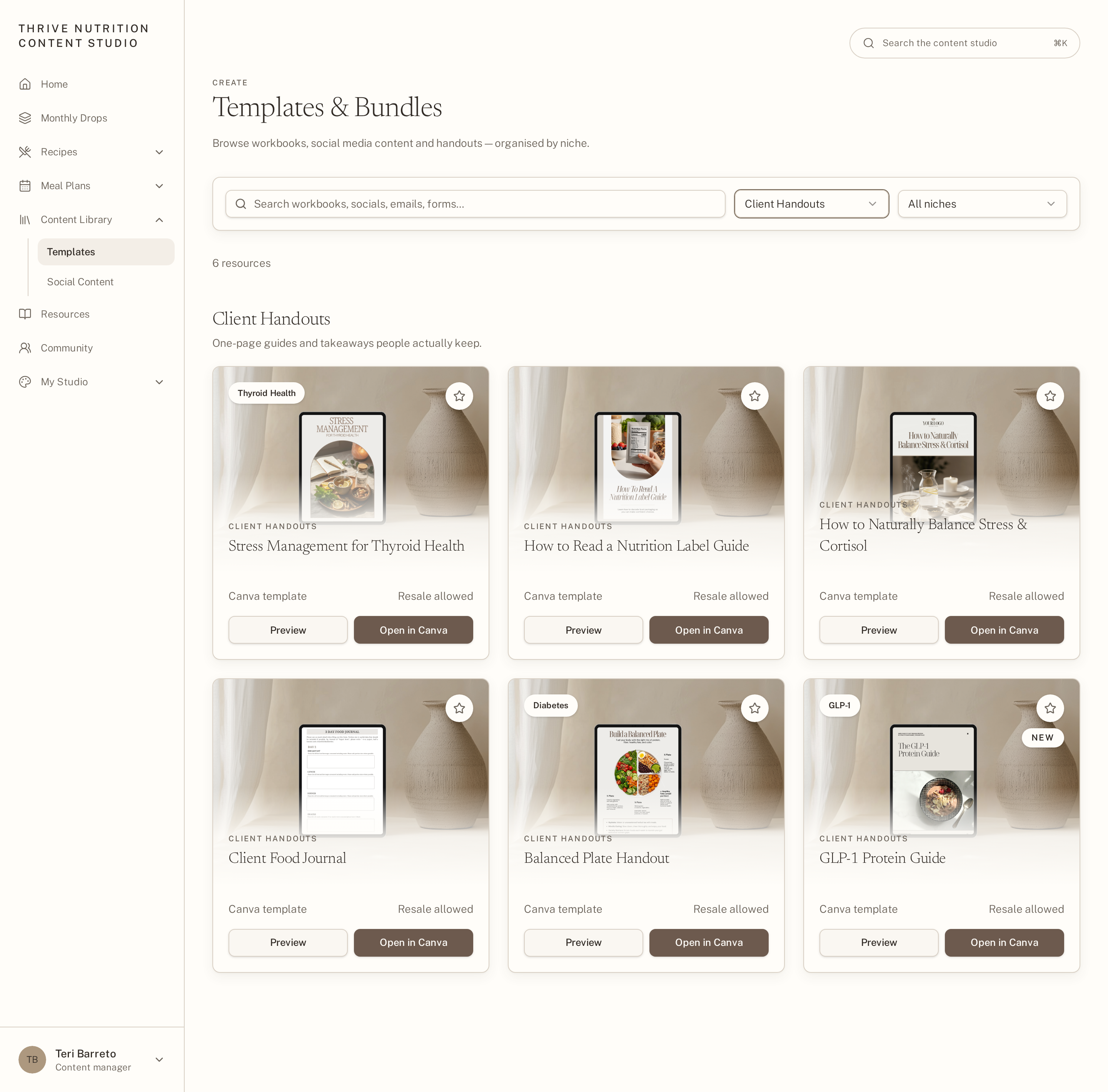 Client handout templates organized by category inside the studio