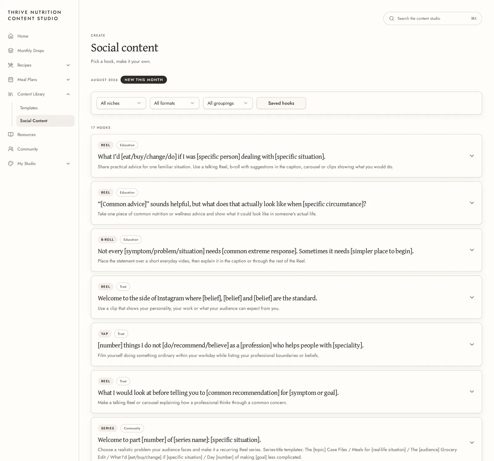 Social content ideas listed by format inside the studio