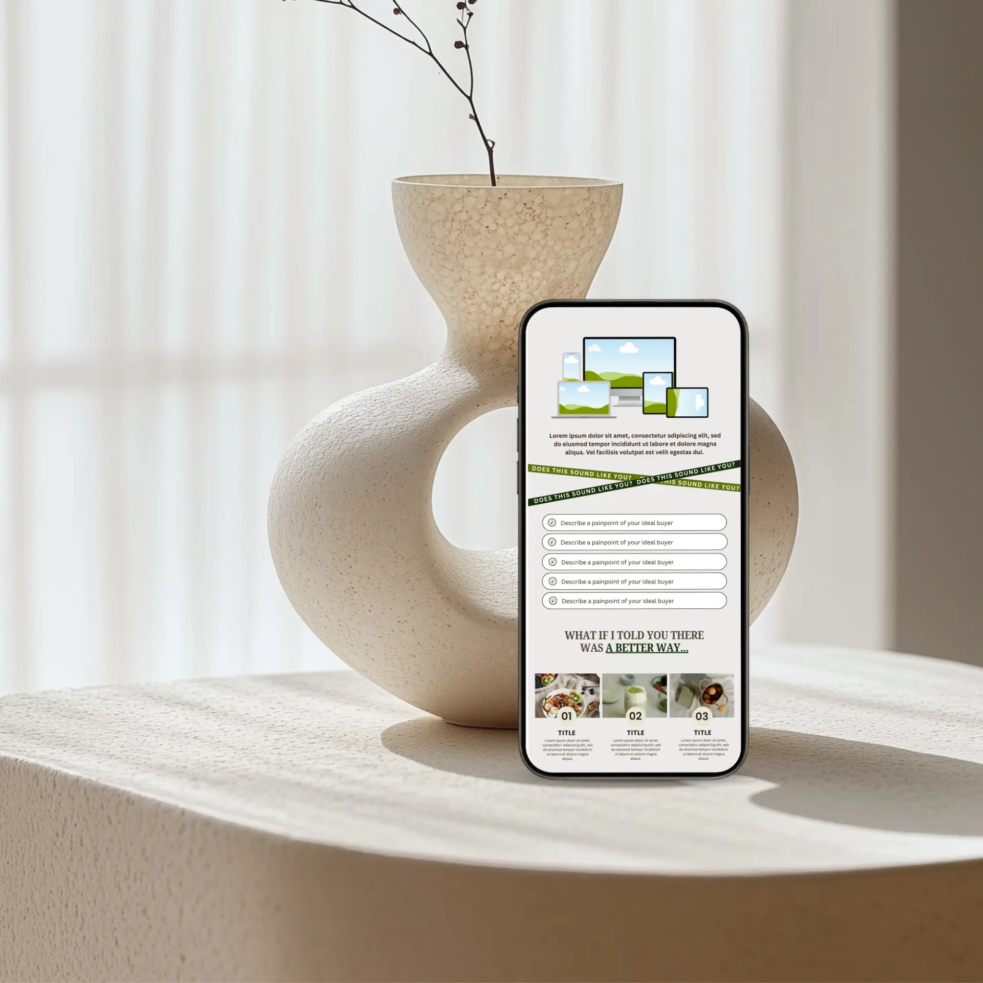 Sales page template shown on a phone