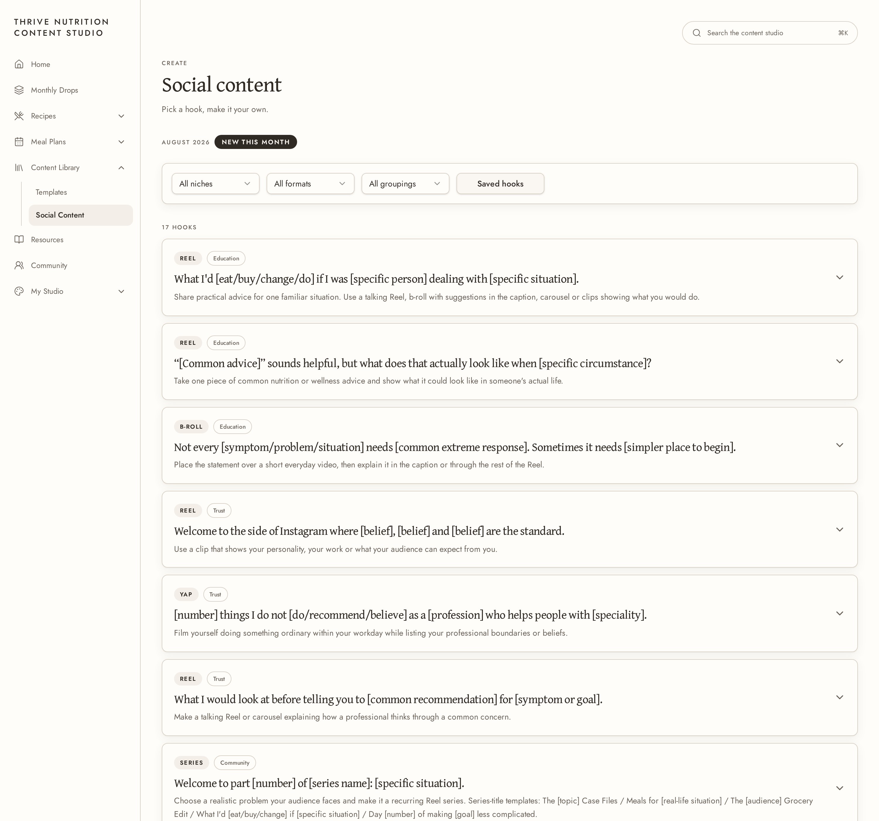 Social content ideas listed by format inside the studio