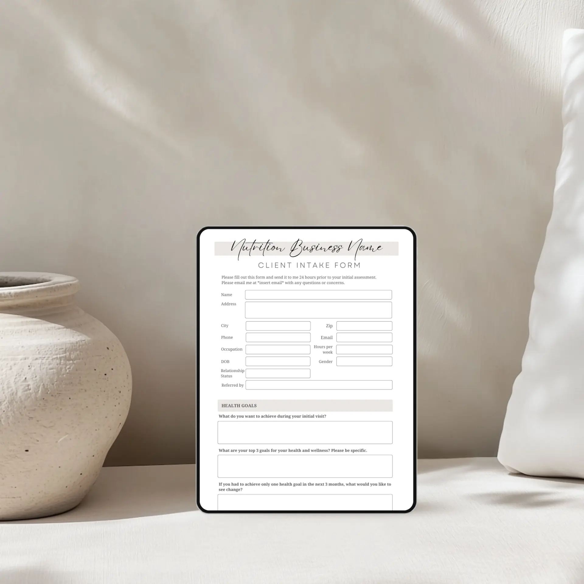 Client intake form template on a tablet
