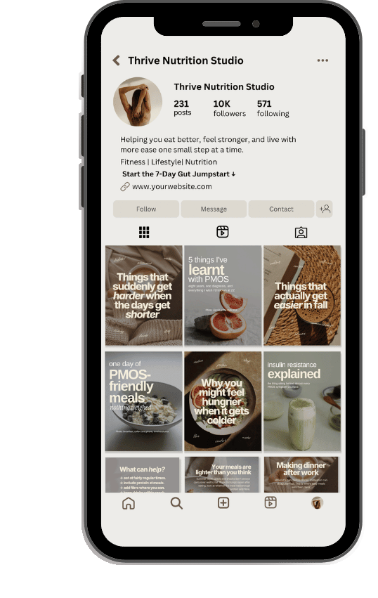 An Instagram profile grid built with Thrive Nutrition Content Studio templates, shown on a phone